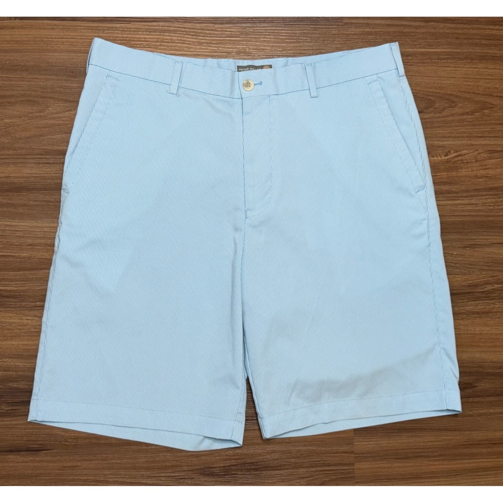 Peter Millar Wicking Performance Golf 9" Shorts Mens Blue White Stripe Sz 34